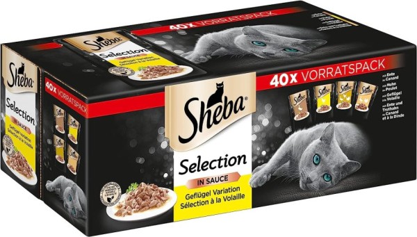 Sheba Katzennassfutter Selection in Sauce, 40 Portionsbeutel, 40x85g, mit Ente, Huhn, Geflügel und Truthahn Geflügelauswahl, 366747