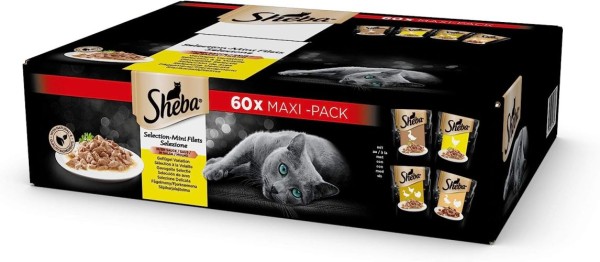 Sheba Katzennassfutter Selection in Sauce, 60 Portionsbeutel, 60x85g, mit Ente, Huhn, Geflügel und Truthahn Geflügelauswahl,405229