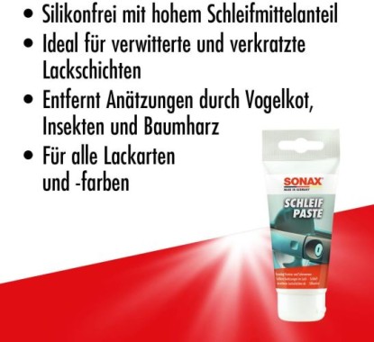 SONAX SchleifPaste, zum Abschleifen von verwitterten & verkratzten Lackschichten, 75ml, 03201000