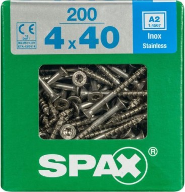 SPAX, 4 x 40 mm, 200 Stück, Teilgewinde, Senkkopf, T-STAR plus T20, 4CUT, Edelstahl rostfrei A2, 4197000400406