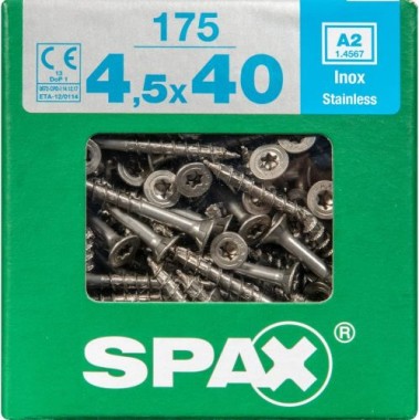 SPAX Edelstahlschraube, 4,5 x 40 mm, 175 Stück, Teilgewinde, Senkkopf, T-STAR plus T20, 4CUT, Edelstahl rostfrei A2, 4197000450406