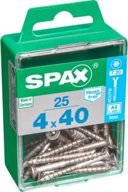 SPAX Edelstahlschraube, 4 x 40 mm, 25 Stück, Teilgewinde, Senkkopf, T-STAR plus T20, 4CUT, Edelstahl rostfrei A2, 4197000400402