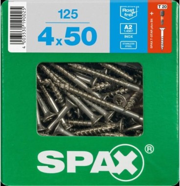SPAX Edelstahlschraube, 4 x 50 mm, 125 Stück, Teilgewinde, Senkkopf, T-STAR plus T20, 4CUT, Edelstahl rostfrei A2, 4197000400506