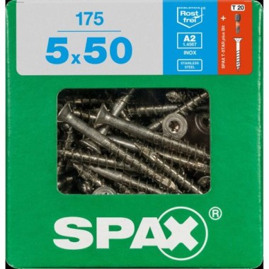 SPAX Edelstahlschraube, 5 x 50 mm, 175 Stück, Teilgewinde, Senkkopf, T-STAR plus T20, 4CUT, Edelstahl rostfrei A2, 4197000500506