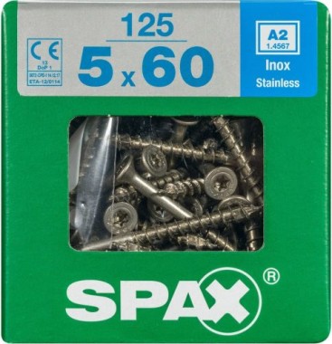 SPAX Edelstahlschraube, 5 x 60 mm, 125 Stück, Teilgewinde, Senkkopf, T-STAR plus T20, 4CUT, Edelstahl rostfrei A2, 4197000500606