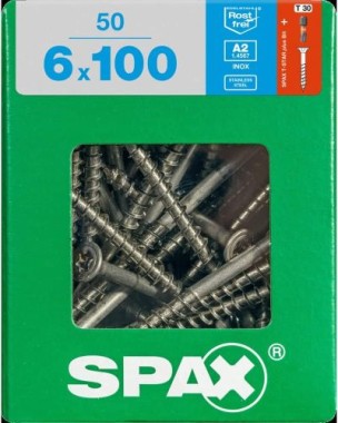 SPAX Edelstahlschraube, 6 x 100 mm, 50 Stück, Teilgewinde, Senkkopf, T-STAR plus T30, 4CUT, Edelstahl rostfrei A2, 4197000601006