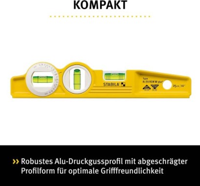 STABILA Magnet-Wasserwaage 25 cm, Torpedo-Wasserwaage Typ 81 SV REM W360, 16670