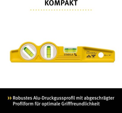 STABILA Magnet-Wasserwaage 25 cm, Torpedo-Wasserwaage Typ 81 SV REM W45, 16672