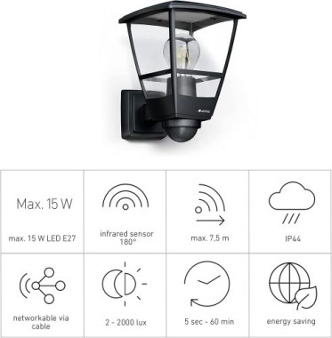 Preview: Steinel Semsor Außenwandleuchte L 10 S, Schwarz, 180° Bewegungsmelder, 084769