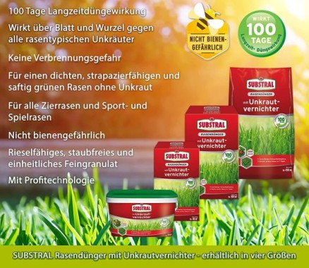 Substral Rasendünger mit Unkrautvernichter, 100 Tage Langzeitwirkung, 2kg für 100m² 8538