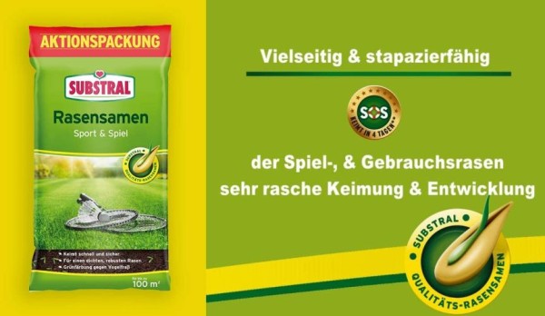 Substral Rasensamen Sport und Spiel, strapazierfähige Rasensaat-Mischung mit Grünfärbung gegen Vogelfraß, 2kg, 100m², Blau 2kg - 100qm Single 87971