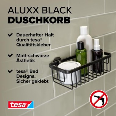 tesa ALUXX BLACK Duschkorb, mattschwarz, für Dusche und Badewanne, 40506-00000-00