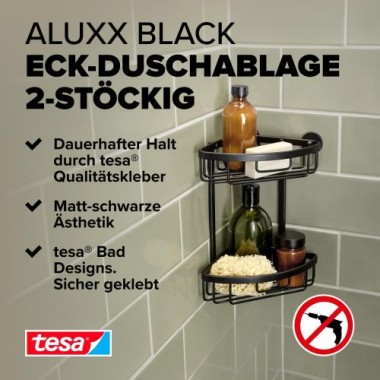 tesa ALUXX BLACK Eck-Duschkorb, zweistöckig, mattschwarz, für Dusche und Badewanne, 40507-00000-00