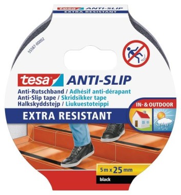 Tesa Anti-Rutschband - Für Treppen, Leitern und glatte Böden, Schwarz, 5 m x 25 mm, 55587-00002-11