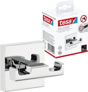 tesa DELUXXE Garderobenhaken doppelt, Metall, verchromt, inkl. Klebelösung, 40405-00000-00