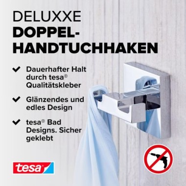 tesa DELUXXE Garderobenhaken doppelt, Metall, verchromt, inkl. Klebelösung, 40405-00000-00
