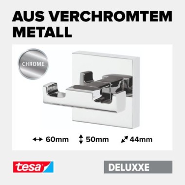 tesa DELUXXE Garderobenhaken doppelt, Metall, verchromt, inkl. Klebelösung, 40405-00000-00