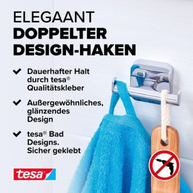 tesa ELEGAANT Design-Haken doppelt, Metall, verchromt, inkl. Klebelösung, 40435-00000-00