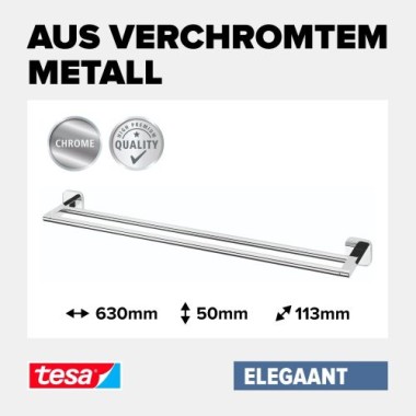 tesa Elegaant Doppelte Handtuchstange, Metall, verchromt, Klebelösung, 50mm x 630mm x 113mm, 40437-00000-00
