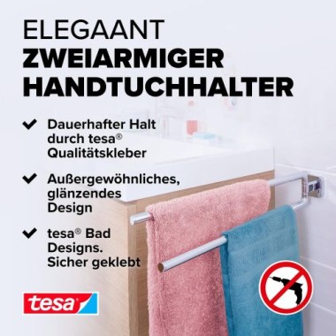 tesa ELEGAANT Handtuchhalter, 2-armig, Metall, verchromt, Klebelösung, 40432-00000-00