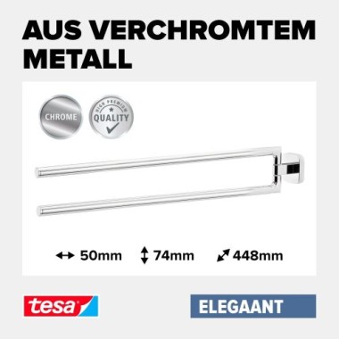 tesa ELEGAANT Handtuchhalter, 2-armig, Metall, verchromt, Klebelösung, 40432-00000-00