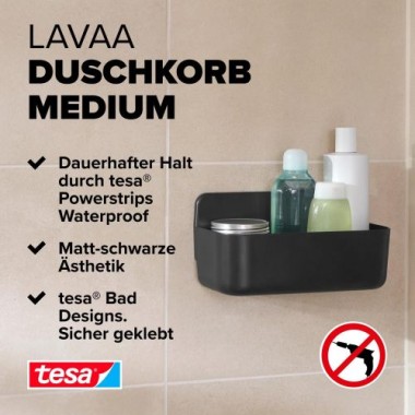 tesa LAVAA Duschkorb mittelgroß, mattschwarz, elegant, praktisch, platzsparend, 40516-00000-00