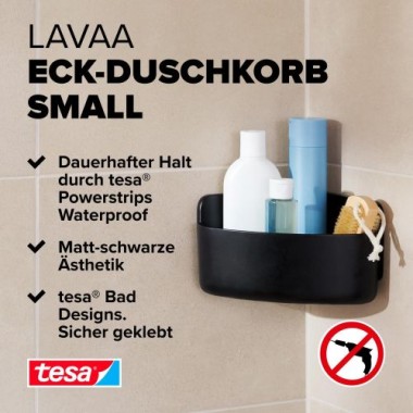 tesa LAVAA Eck-Duschkorb klein, mattschwarz, stilvoll, praktisch, platzsparend, 40517-00000-00