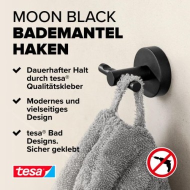 tesa MOON BLACK Bademantelhaken, schwarz matt, inkl. Klebelösung, 40564-00000-00