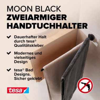 tesa MOON BLACK Handtuchhalter 2-armig, schwarz matt, inkl. Klebelösung, 84 mm x 50 mm x 456 mm, 40562-00000-00
