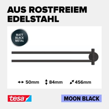 tesa MOON BLACK Handtuchhalter 2-armig, schwarz matt, inkl. Klebelösung, 84 mm x 50 mm x 456 mm, 40562-00000-00