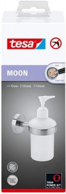 tesa MOON Wandseifenspender, Edelstahloptik, satiniertes Glas, inkl. Klebelösung, 200ml, hält bis 6kg, 109 mm x 70 mm x 156 mm 40309-00000-00