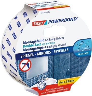 Tesa Powerbond MIRROR - Doppelseitiges Montageband zur Fixierung von Spiegel, 5 m x 38 mm, 55734-00000-02