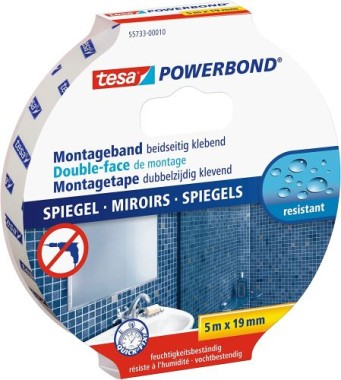 tesa Powerbond MIRROR - Doppelseitiges Montageband zur Fixierung von Spiegeln, 5 m x 19 mm, 55733-00010-04