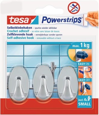 tesa Powerstrips Haken Small OVAL - Selbstklebender Wandhaken für Glas, Kacheln, Holz, Kunststoff 57543-00012-00