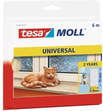 tesamoll Universal Schaumstoff - Schaumstoffdichtung zum Isolieren von Spalten im Haushalt, selbstklebend - Weiß - 6 m x 15 mm x 5,5 mm 55604-00100-00