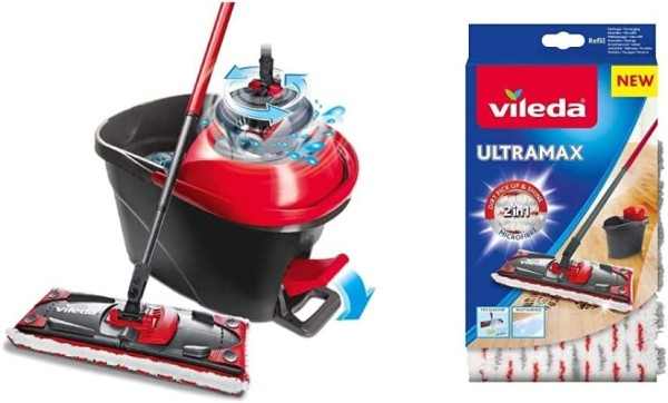 Vileda Ultramat Turbo Komplett Box Bodenwischer Set & Ultra max Bodenwischer, Polyester, Weiß/Rot, VIMAUTURBO
