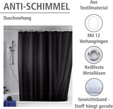 WENKO Anti-Schimmel Duschvorhang Uni Black, 180 x 200 cm waschbar, 20043100