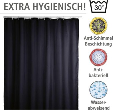 WENKO Anti-Schimmel Duschvorhang Uni Black, 180 x 200 cm waschbar, 20043100
