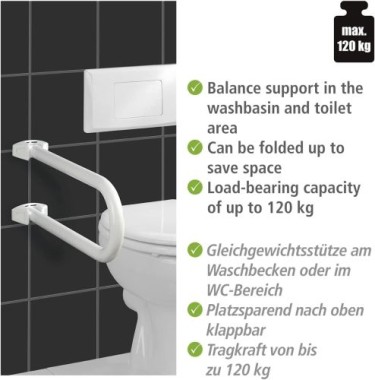 WENKO Badstützgriff Secura klappbar, für Waschbecken- und WC-Sitz Bereich, Aluminium, 53 x 21 x 10 cm, Weiß, 17969100