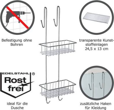 WENKO Duschcaddy 2 Etagen, rostfreies Edelstahl, Befestigung ohne Bohren, 22213100