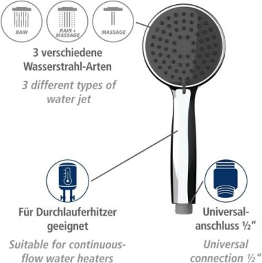 WENKO Duschkopf Mod. Basic Grau Ø 10 cm, 3 Funktionen Silber, 23945100