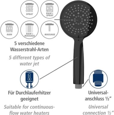 WENKO Duschkopf Mod. Young Schwarz Ø 11 cm, mit 5 Strahlarten, 23941100