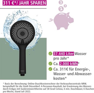 WENKO Duschkopf Watersaving Schwarz matt Ø 11 cm, 24924100