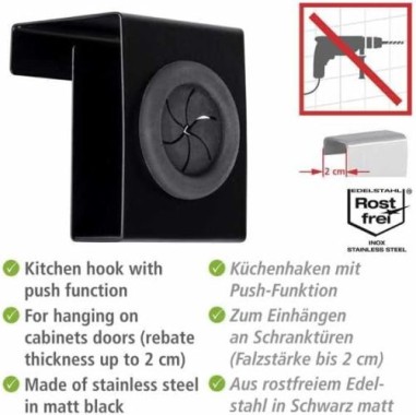 WENKO Haken Mod. Push Matt Schwarz aus rostfreiem Edelstahl und TPR-Kunststoff, 55008100