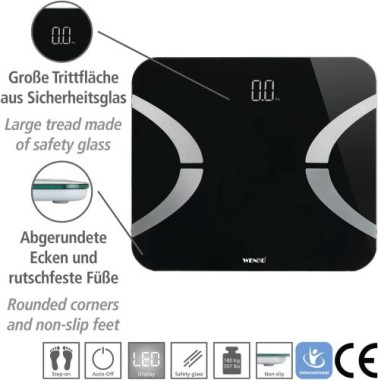 Preview: WENKO Personenwaage, Analysewaage LED Schwarz Bluetooth Körperfettwaage, 24462100