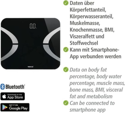 Preview: WENKO Personenwaage, Analysewaage LED Schwarz Bluetooth Körperfettwaage, 24462100