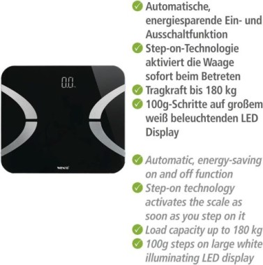 Preview: WENKO Personenwaage, Analysewaage LED Schwarz Bluetooth Körperfettwaage, 24462100