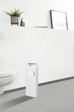 Preview: WENKO Stand WC-Garnitur Mod. Imon 6 in 1 Weiß matt, integrierter Toilettenpapierhalter, WC-Bürstenhalter, Ersatzrollenhalter, Stauraumfächer und Ablage,24212100
