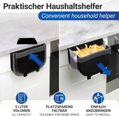 WENKO Tür-Abfalleimer Mod. Fago 5 L Schwarz faltbarer Mülleimer für Küchenabfälle, 55028100