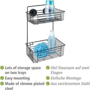 Preview: WENKO Vacuum-Loc® Wandregal 2 Etagen Mod. Bari Schwarz Wandablage, Befestigen ohne bohren, 24734100